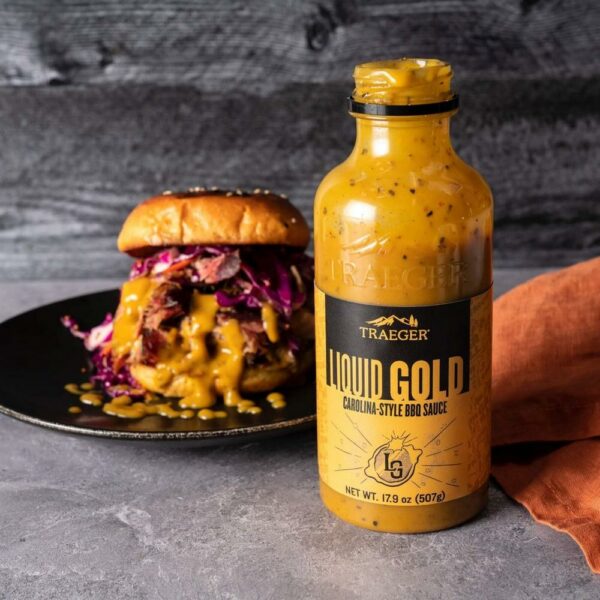 Traeger Liquid Liquid Gold Sauce with burger
